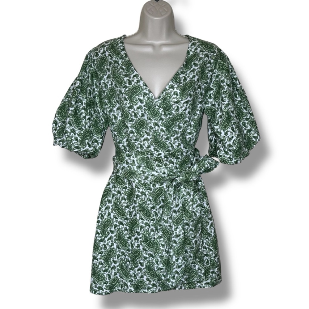 Faithfull the Brand Green Paisley Wrap Mini Dress